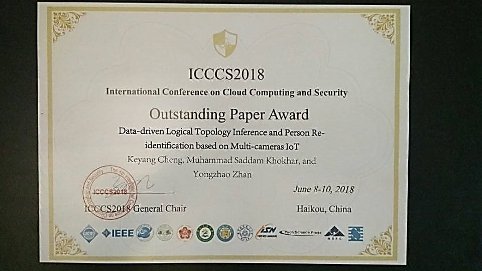 MUHAMMAD SADDAM KHOKHAR got the Outstanding Paper Award of International Conference on Cloud Computing and Security